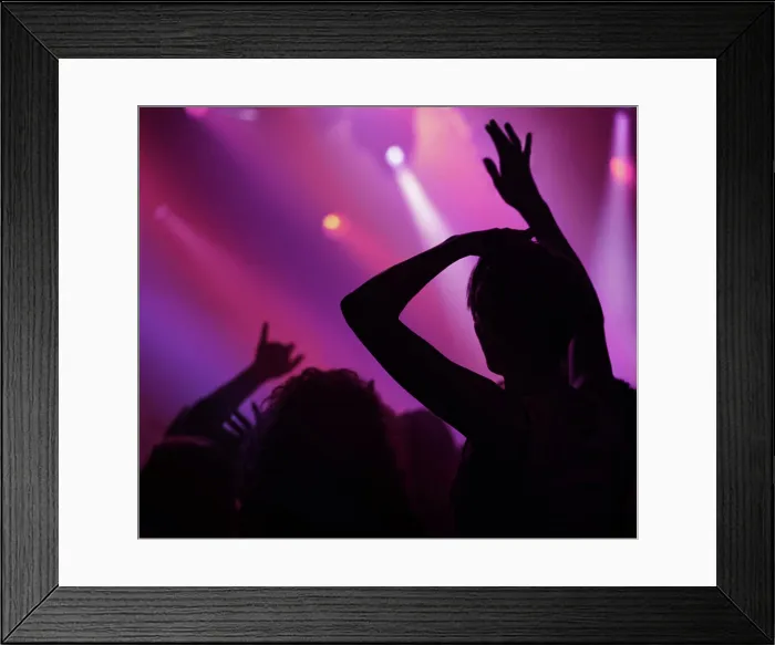 Framed Print : Neon, light and people dancing at concert or music festival