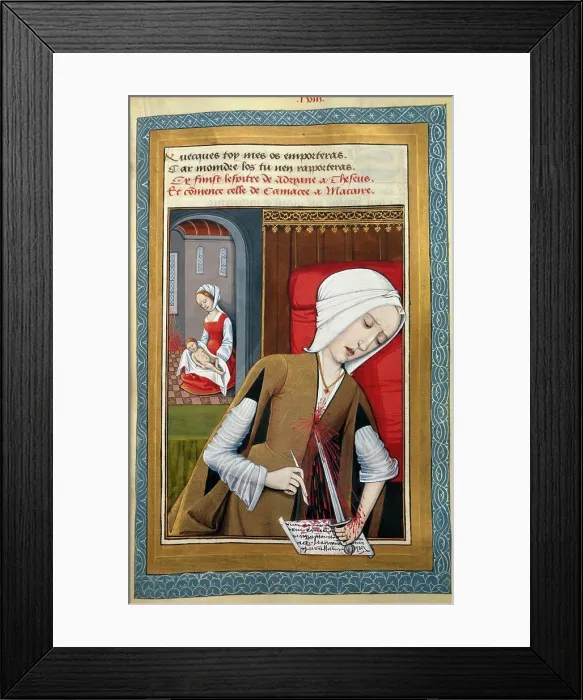 Framed Print : Woman Stabbing Herself & Writing with Her Blood, manuscript, France, Paris, Bibliotheque Nationale Framed Print : Woman Stabbing Herself & Writing with Her Blood, manuscript, France, Paris, Bibliotheque Nationale