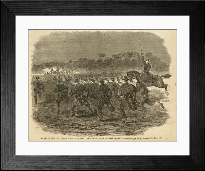 Framed Print : Charge of the First Massachusetts Regiment on a rebel rifle pit near Yorktown Framed Print : Charge of the First Massachusetts Regiment on a rebel rifle pit near Yorktown