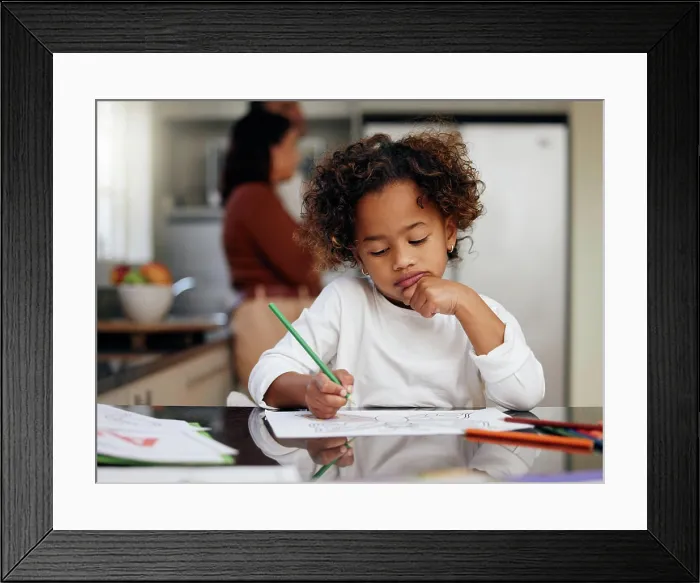 Framed Print : Thinking child, school learning and coloring with development and knowledge in home Framed Print : Thinking child, school learning and coloring with development and knowledge in home