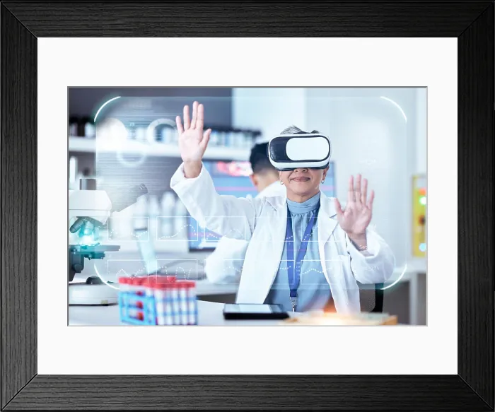 Framed Print : Senior scientist, woman with virtual reality and graphs