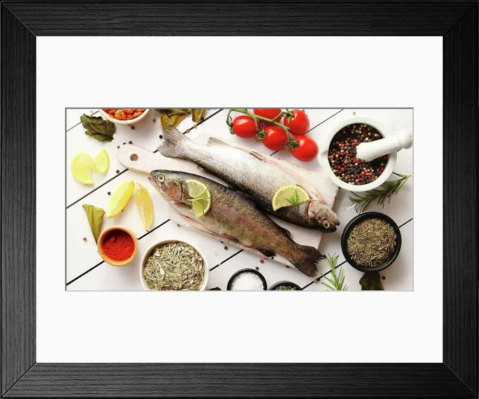 Framed Print : Aromatic spices and vegetables around fish From above shot of various aromatic spices Framed Print : Aromatic spices and vegetables around fish From above shot of various aromatic spices