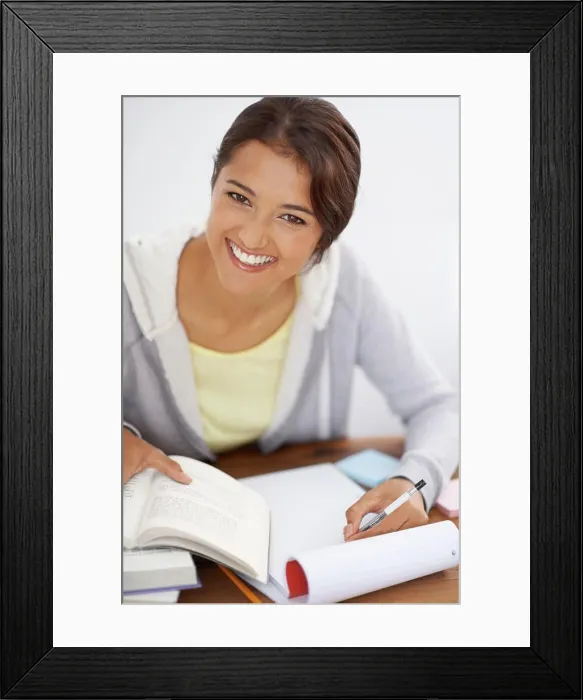 Framed Print : Portrait, writing and happy student studying in college