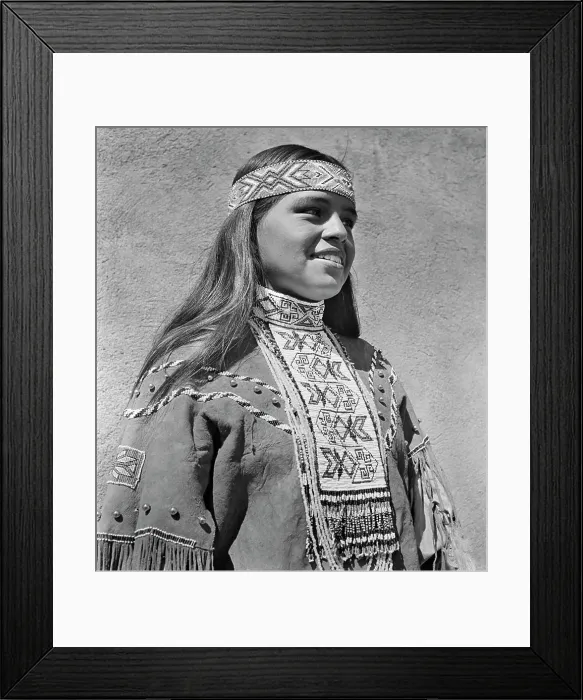 Framed Print : 1950s PORTRAIT SMILING NATIVE AMERICAN INDIAN WOMAN WEARING BEADED HEADBAND COLLAR NECKPIECE AND BUCKSKIN DRESS