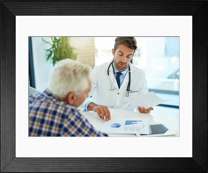 Framed Print : Documents, hospital or medical with doctor and old man in office for consulting appointment Framed Print : Documents, hospital or medical with doctor and old man in office for consulting appointment