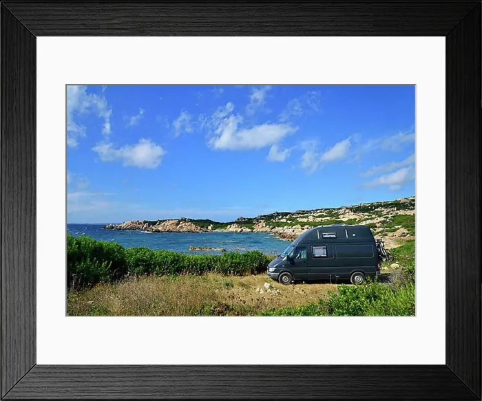 Framed Print : Camper on a bay, Caprera, Isola Maddalena, National Park La Maddalena archipelago, Sardinia, Italy, Europe Framed Print : Camper on a bay, Caprera, Isola Maddalena, National Park La Maddalena archipelago, Sardinia, Italy, Europe