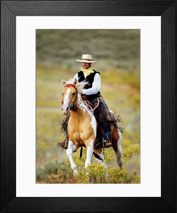 Framed Print : lonely cowboy with old fashioned mustache rides his beautiful horse through a colorful field of wildflowers