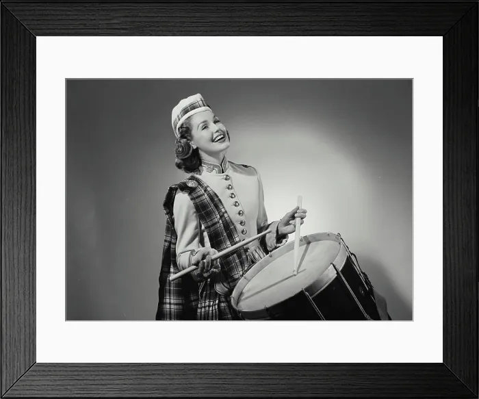 Framed Print : Vintage Photograph. Woman in traditional Scottish clothing playing the drum. Frame 3 Framed Print : Vintage Photograph. Woman in traditional Scottish clothing playing the drum. Frame 3