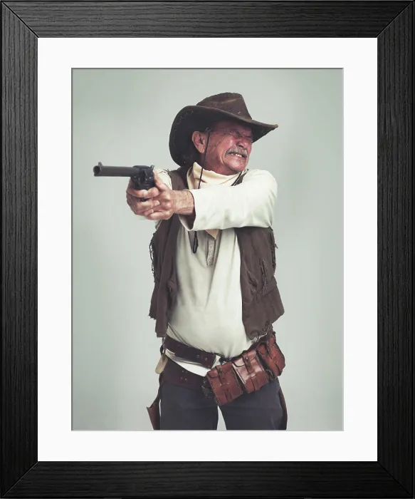 Framed Print : Cowboy, senior man and shooting gun Framed Print : Cowboy, senior man and shooting gun
