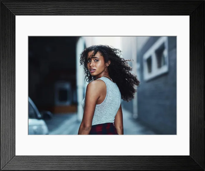 Framed Print : Fear, portrait and running with woman in city to escape from abuse