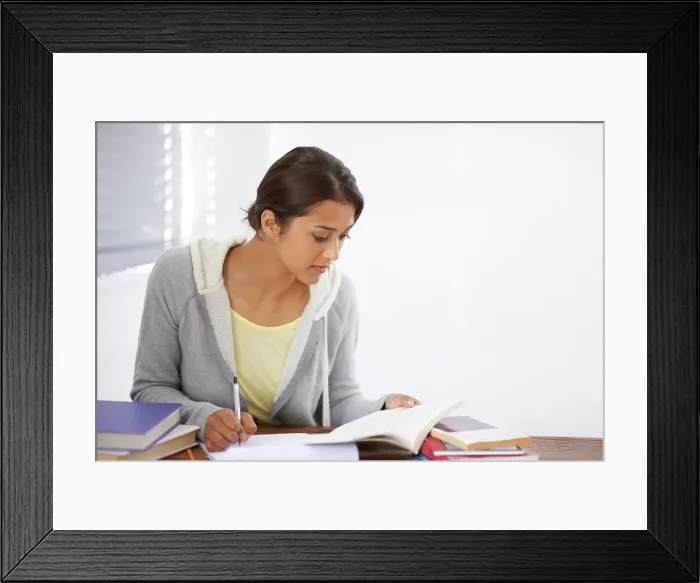 Framed Print : Student, woman and writing with books for study