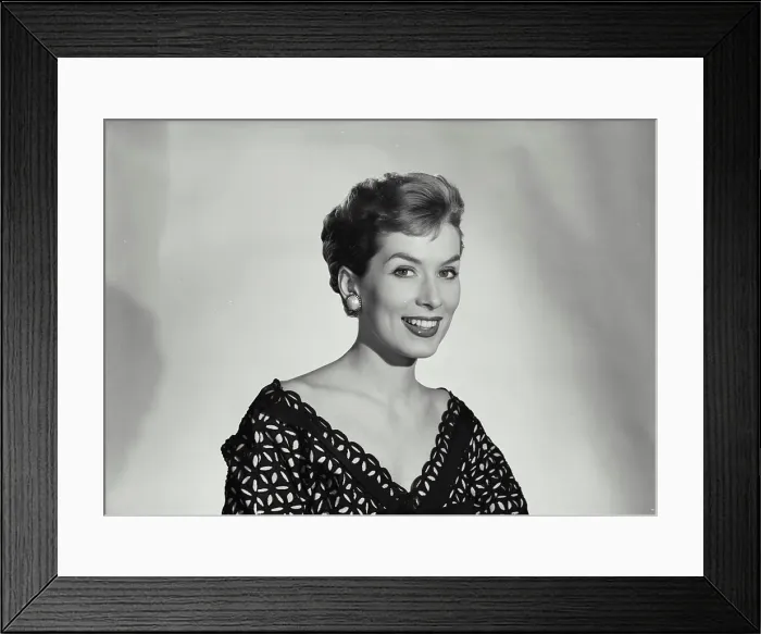 Framed Print : Vintage Photograph. Smiling woman with short hair wearing black lace blouse
