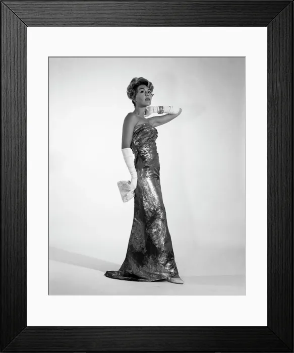 Framed Print : 1960S Full Length Studio Portrait Woman Elegant Long Gold Lame Evening Gown Strapless Long White Gloves Glamour Framed Print : 1960S Full Length Studio Portrait Woman Elegant Long Gold Lame Evening Gown Strapless Long White Gloves Glamour