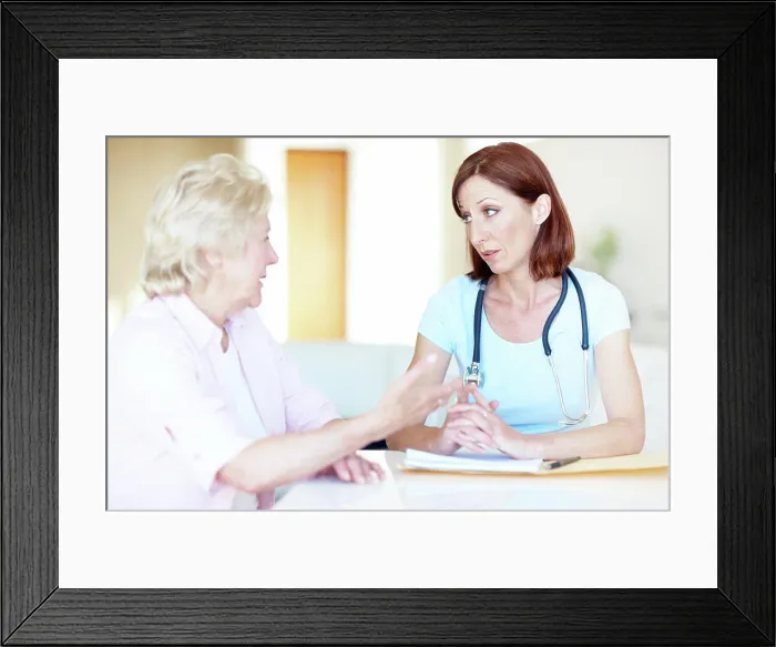 Framed Print : Medical, consulting and doctor with old woman in hospital for advice Framed Print : Medical, consulting and doctor with old woman in hospital for advice