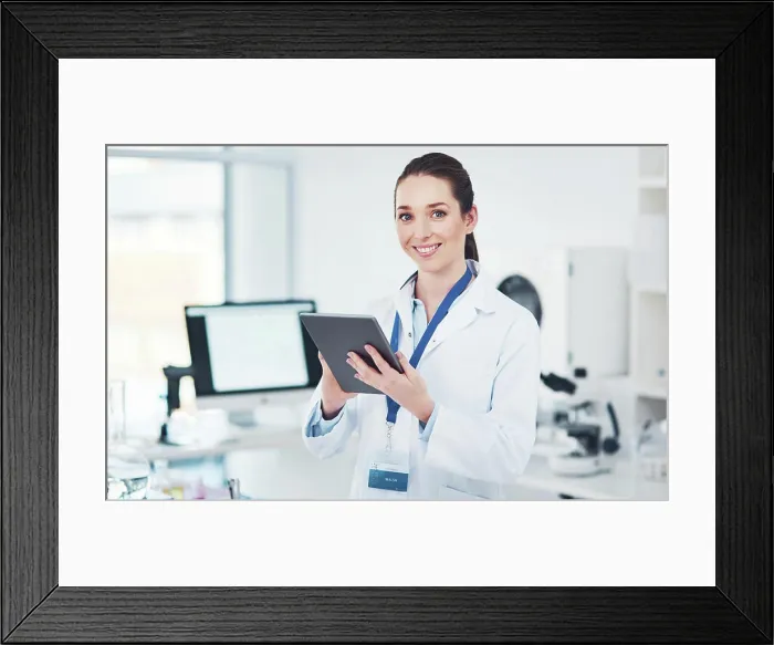 Framed Print : Portrait, woman and tablet in laboratory for research Framed Print : Portrait, woman and tablet in laboratory for research