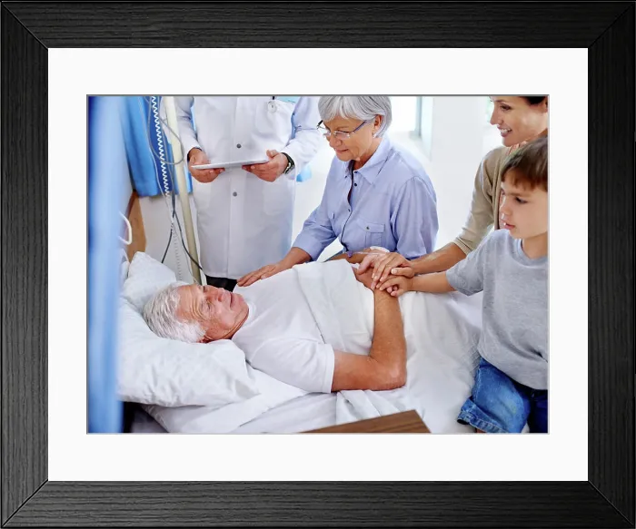Framed Print : Grandfather, doctor or family on bed for support in clinic for good news