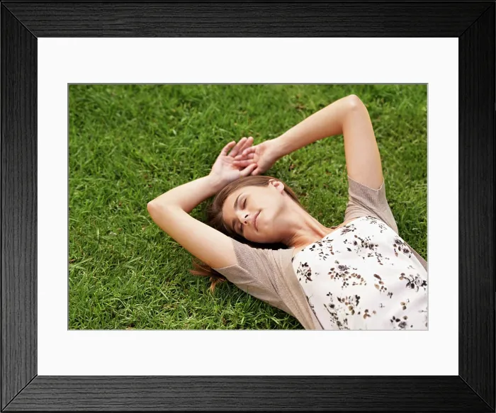 Framed Print : Relax, sleep and woman laying on grass