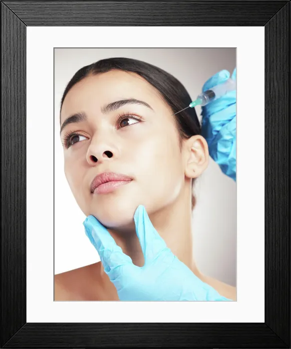 Framed Print : Hands, woman and needle for plastic surgery in studio with facial implant Framed Print : Hands, woman and needle for plastic surgery in studio with facial implant