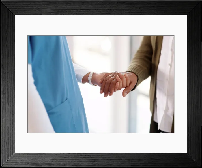 Framed Print : Empathy, holding hands and senior man with nurse in retirement home for support