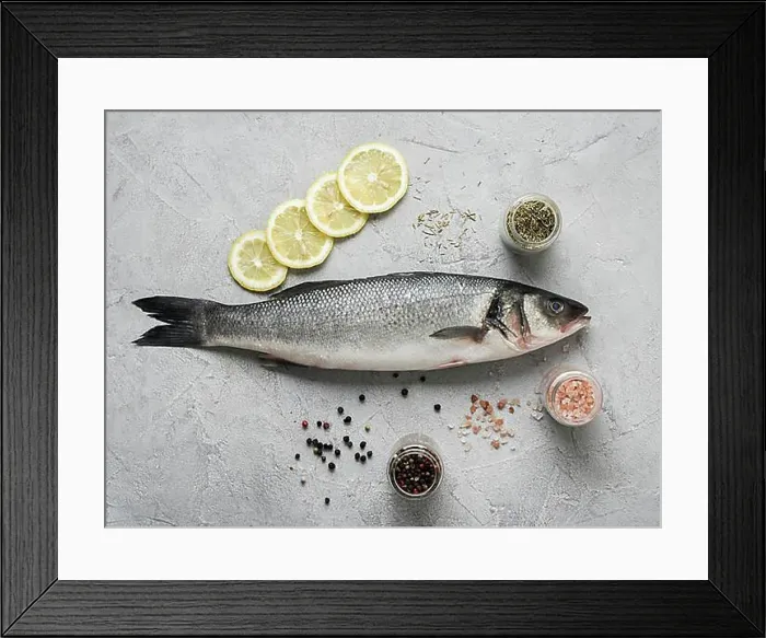 Framed Print : flat lay fish lemon spices. High resolution photo Framed Print : flat lay fish lemon spices. High resolution photo