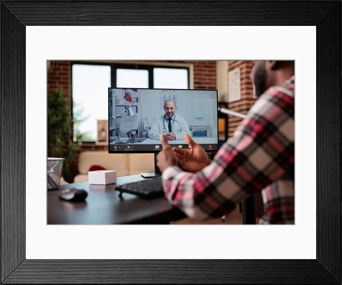 Framed Print : Young man talking to doctor on videocall Framed Print : Young man talking to doctor on videocall