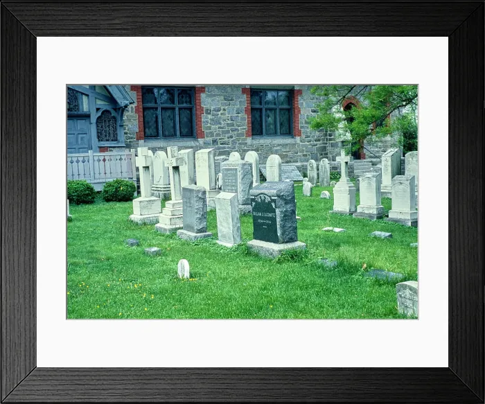 Framed Print : Vintage Photograph. Historical cemetery with diverse headstones and lush greenery Framed Print : Vintage Photograph. Historical cemetery with diverse headstones and lush greenery