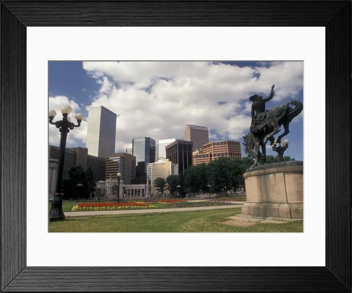 Framed Print : Denver, skyline, CO, Colorado, Broncobuster statue in Civic Center Park and skyline of downtown Denver Framed Print : Denver, skyline, CO, Colorado, Broncobuster statue in Civic Center Park and skyline of downtown Denver