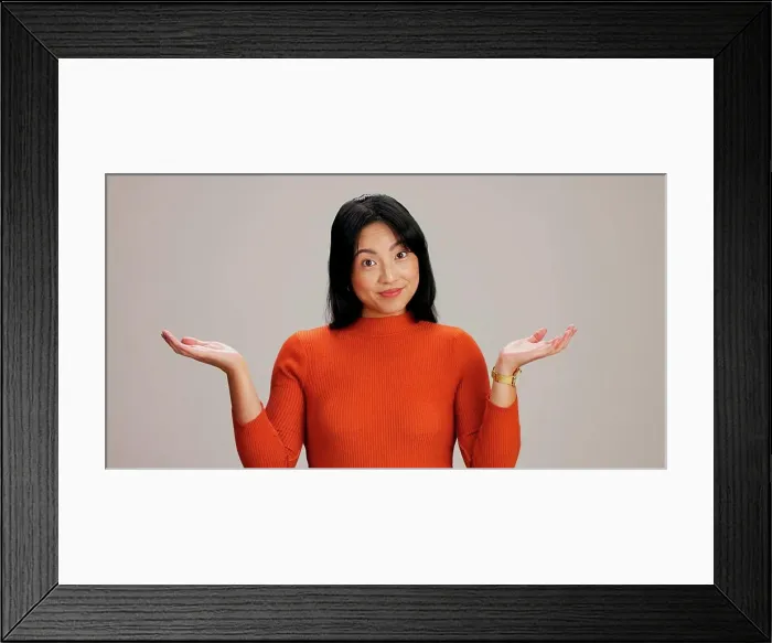 Framed Print : Asian woman, open hand and studio portrait for smile with mockup space Framed Print : Asian woman, open hand and studio portrait for smile with mockup space