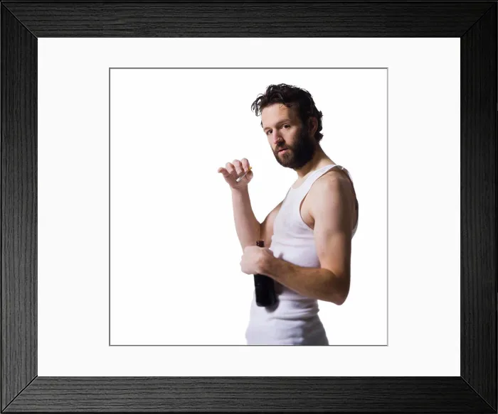 Framed Print : Disheveled man with cigarette and beer bottle