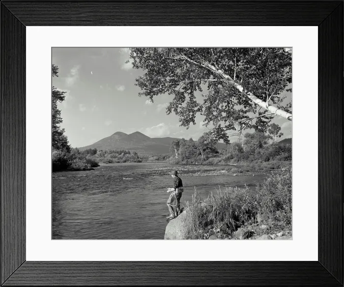 Framed Print : Vintage Photograph. A man fishing on Ammonoosuc River with Peroy Peaks in the background. Frame 1 Framed Print : Vintage Photograph. A man fishing on Ammonoosuc River with Peroy Peaks in the background. Frame 1