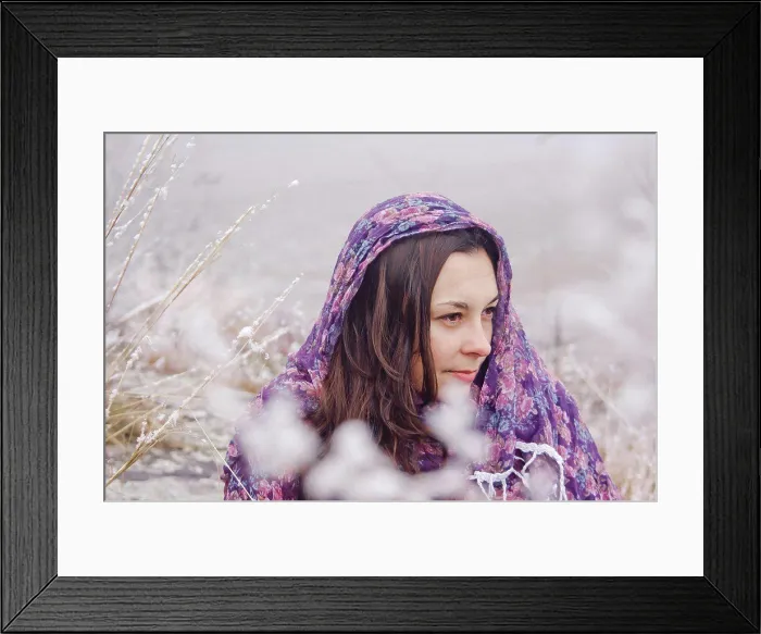 Framed Print : portrait of a beautiful woman on a background of snow Framed Print : portrait of a beautiful woman on a background of snow