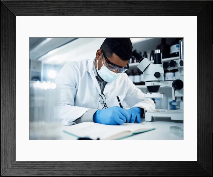 Framed Print : Man, scientist and writing for science research Framed Print : Man, scientist and writing for science research