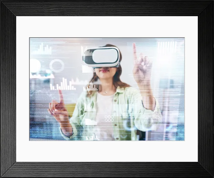 Framed Print : Business woman, hologram and ar chart for press Framed Print : Business woman, hologram and ar chart for press