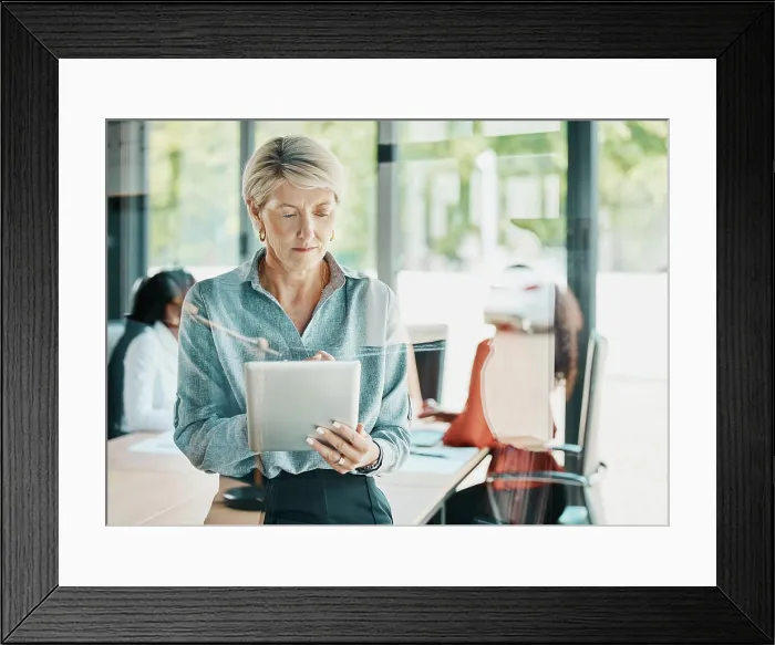Framed Print : Reading, online and mature woman with tablet Framed Print : Reading, online and mature woman with tablet