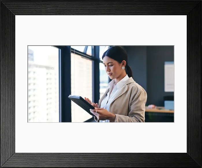 Framed Print : Window, tablet and business with woman