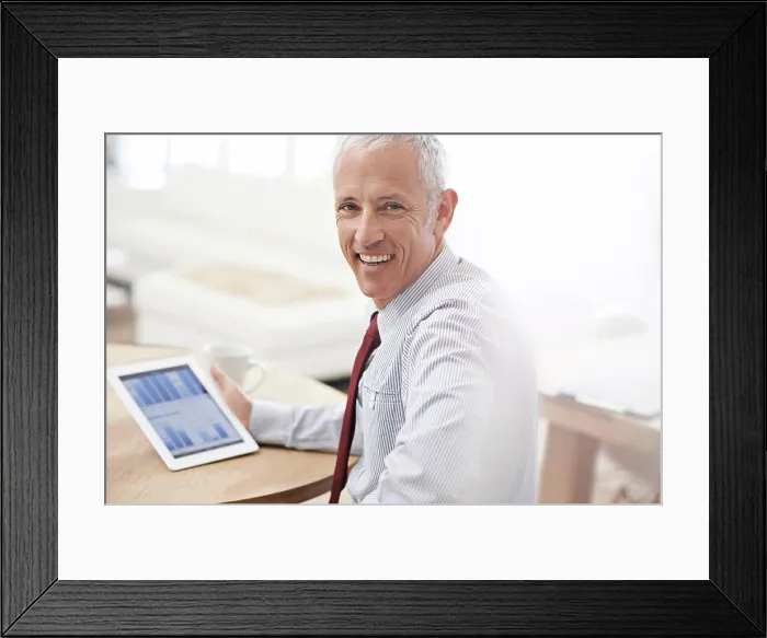 Framed Print : Portrait, charts and screen with man