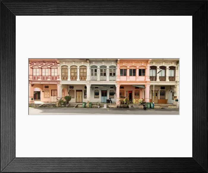 Framed Print : Malaysia, Penang, George Town, Row of heritage houses in sunlight Framed Print : Malaysia, Penang, George Town, Row of heritage houses in sunlight