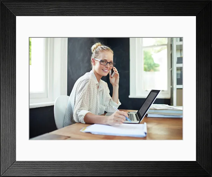Framed Print : Woman, portrait and laptop in home office with phone call for business networking