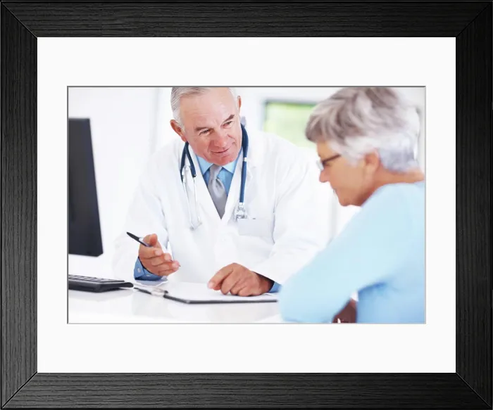 Framed Print : Results, senior patient and consultation with happy doctor for exam report Framed Print : Results, senior patient and consultation with happy doctor for exam report