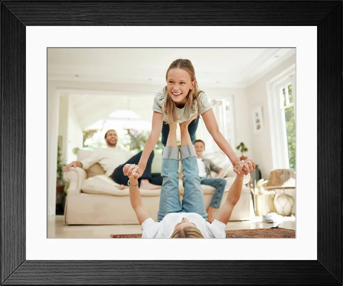 Framed Print : Child, woman and playful lift in living room as parent for happiness Framed Print : Child, woman and playful lift in living room as parent for happiness