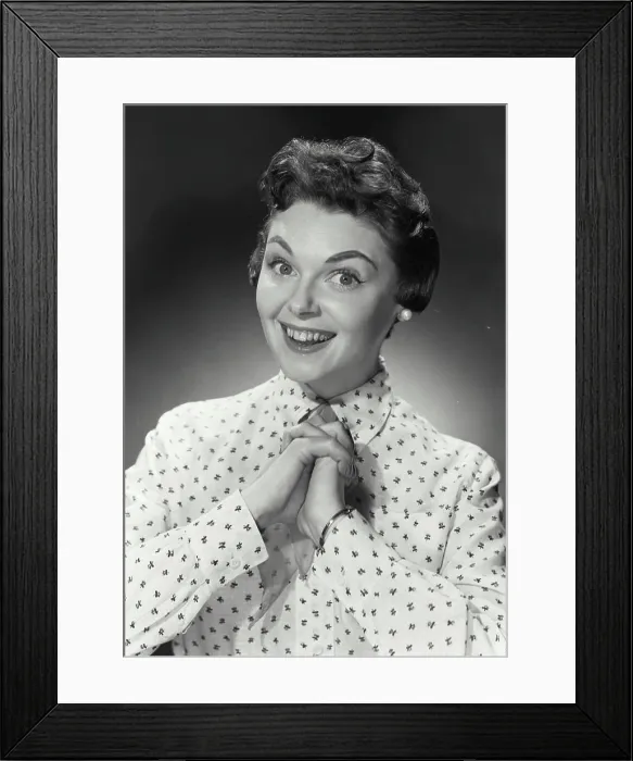 Framed Print : Vintage Photograph. Portrait of woman in button blouse smiling. Frame 3 Framed Print : Vintage Photograph. Portrait of woman in button blouse smiling. Frame 3