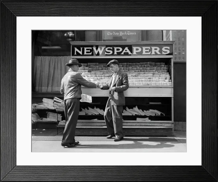 Framed Print : 1940S Man Buying Newspaper From Vendor On Sidewalk New York City Framed Print : 1940S Man Buying Newspaper From Vendor On Sidewalk New York City