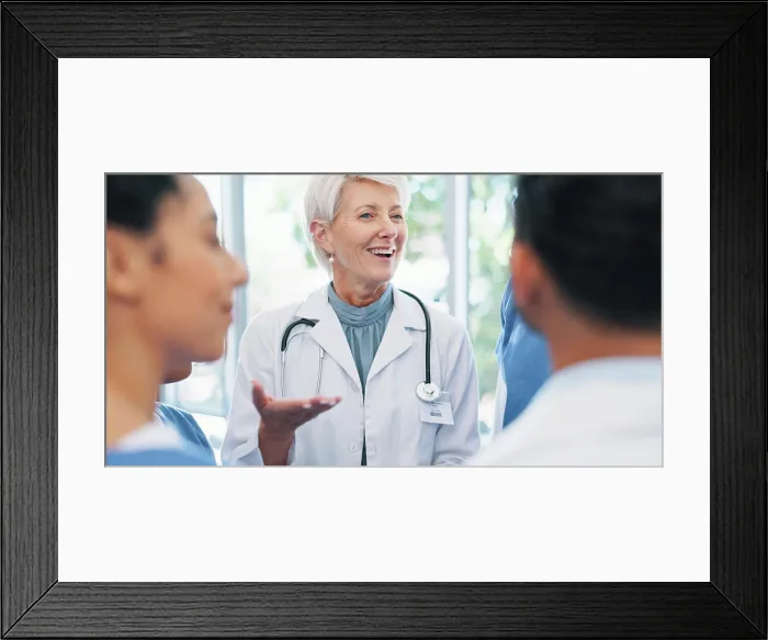 Framed Print : Discussion, medical and doctor with team of nurses in hospital for collaboration on diagnosis Framed Print : Discussion, medical and doctor with team of nurses in hospital for collaboration on diagnosis