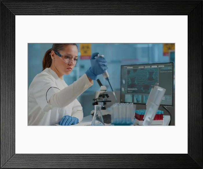 Framed Print : Chemist working on experiment with micro pipette and beaker Framed Print : Chemist working on experiment with micro pipette and beaker