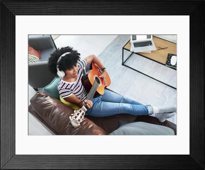 Framed Print : Woman, song and passion with guitar at home for music Framed Print : Woman, song and passion with guitar at home for music