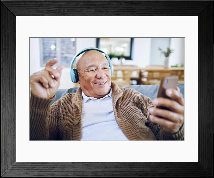 Framed Print : Phone, senior man and watch music video Framed Print : Phone, senior man and watch music video