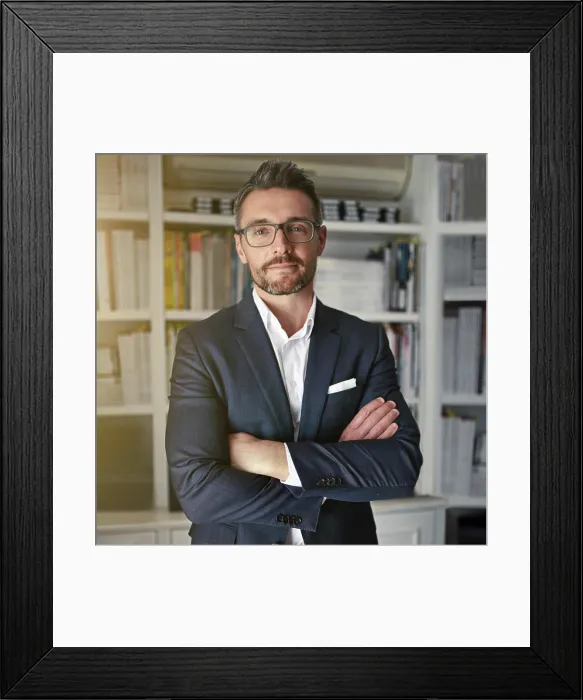 Framed Print : Attorney, arms crossed and portrait of man in office for ambition Framed Print : Attorney, arms crossed and portrait of man in office for ambition