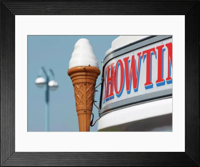 Framed Print : England, Lancashire, Morecambe. A large distinctive cone sign on the front of an ice cream van in Morecambe Framed Print : England, Lancashire, Morecambe. A large distinctive cone sign on the front of an ice cream van in Morecambe
