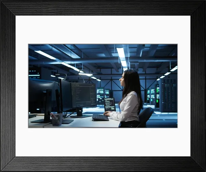 Framed Print : Engineer in data center sitting down at desk Framed Print : Engineer in data center sitting down at desk