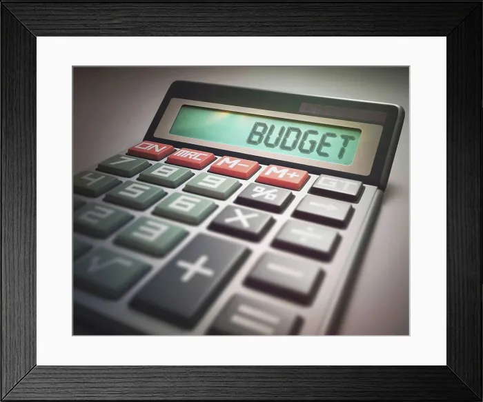 Framed Print : Calculator with the word budget, illustration